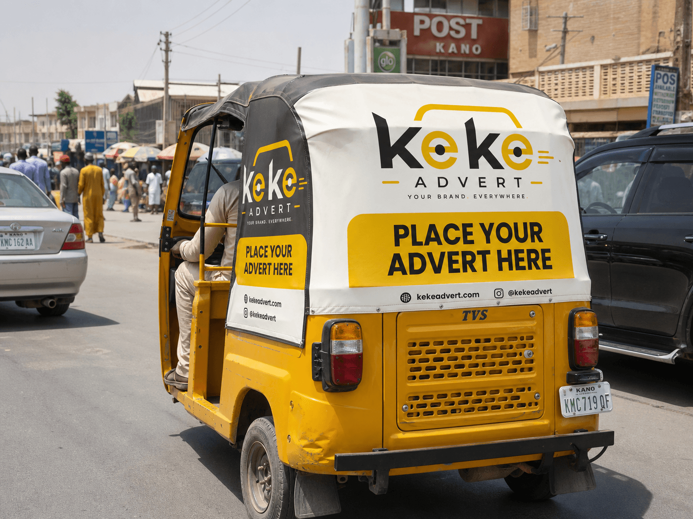 Keke Advert branded tricycle with 'Place Your Advert Here' signage in Kano